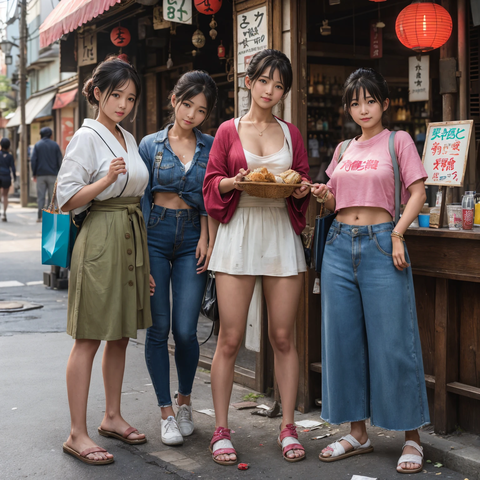 
((masterpiece、Highest quality))、Beautiful girls gather.、Three girls in summer clothes、clothes、(Showa Retro:1.2)、(Detailed and cute face:1.3)、(Poor conditions、Japan's poor neighborhoods、Dim and unsanitary、Standing Bar、みんなで楽しくdiet、Crumbling underground shopping mall)、屋台のdiet店、stage、sewage、Dirty shop、street vendors、Unsanitary and abandoned city、smile、diet、Poor person々