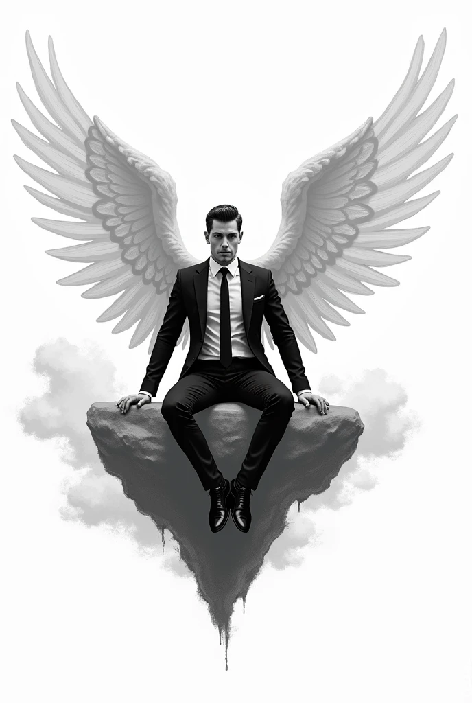 make me an uncolored sketch of a man in simple drawing style wearing a black suit white shirt and black tie sitting on a floating rock with a wing on his back 