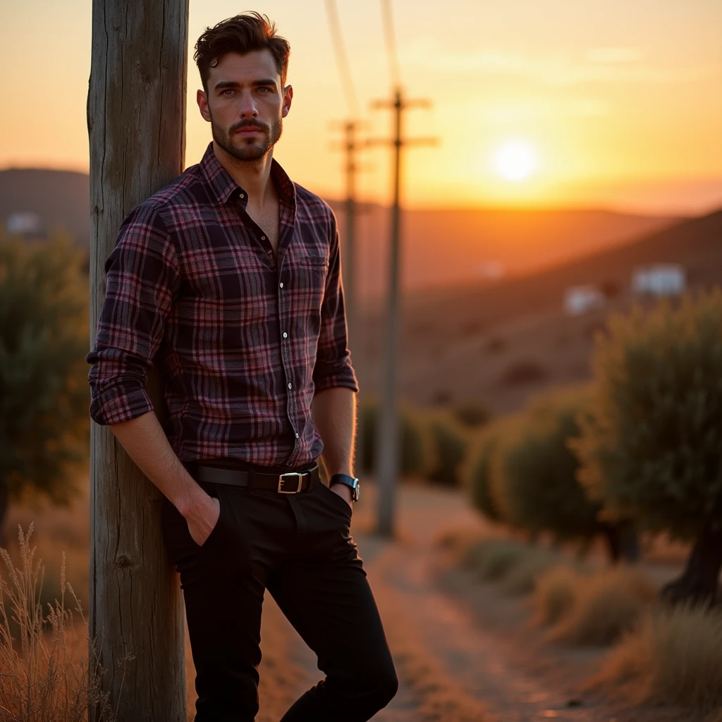 A white man, at 33 years old, model type, with short dark hair, with blue eyes, wearing a plaid shirt buttoned up, black pants with belt, tennis, hugging an electricity pole in Alentejo at sunrise