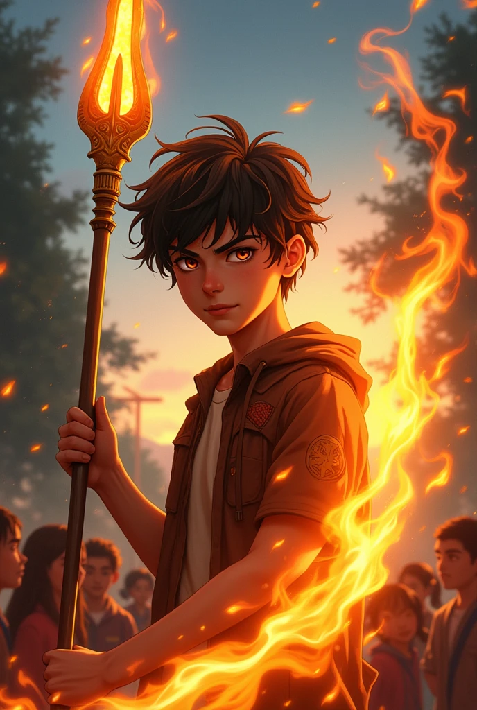 A young 12yr old boy with dark brown curly hair Percy Jackson with a trident in his hand wearing an orange shirt with lighting in the background