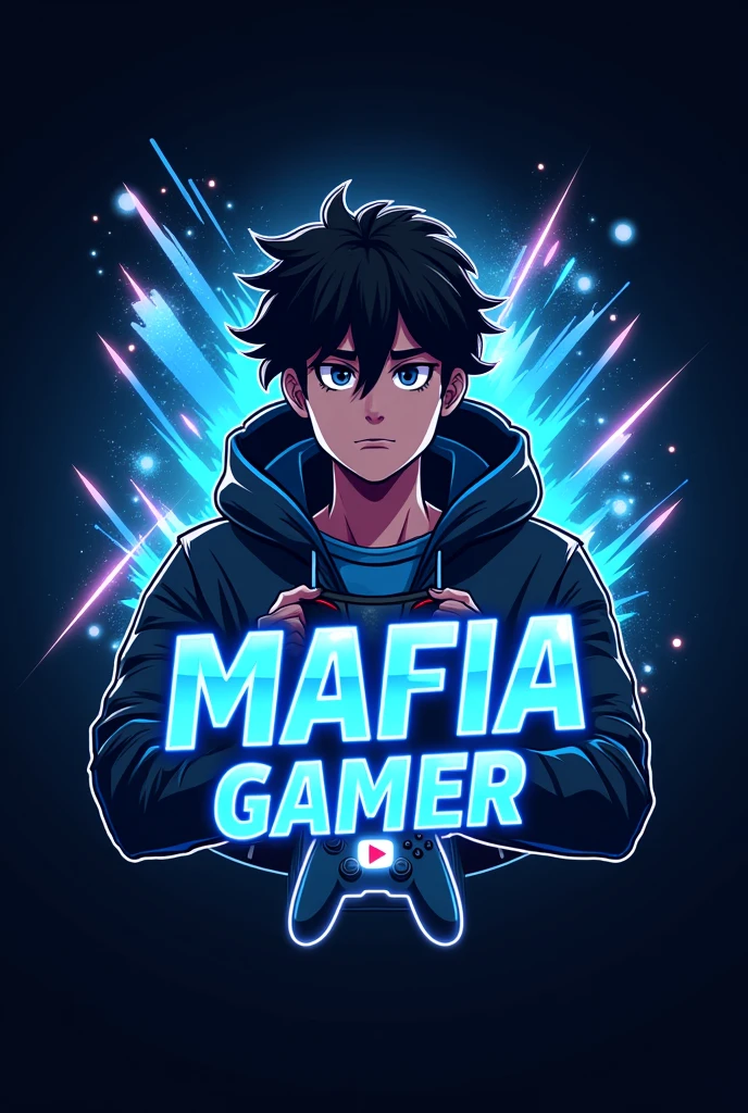 This is a gaming logo that features the name “MAFIA GAMER” in a futuristic font and a neon blue color. and Boy Anime avtar, The logo also has a stylized controller icon and a YouTube play button in the background. The logo is designed to be attractive and eye-catching, and to appeal to gaming enthusiasts and YouTube viewers. I hope you like it.