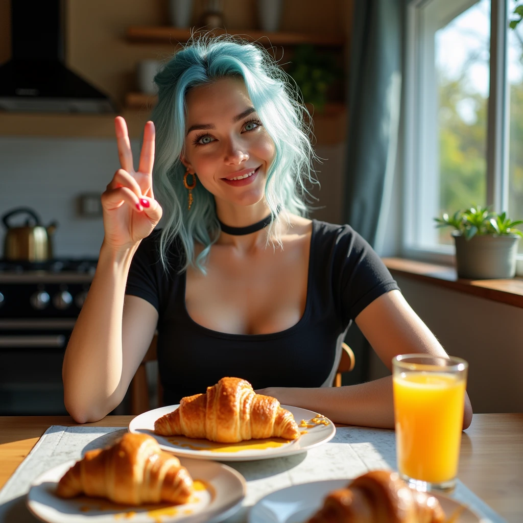 a beautiful biracial latina woman with long messy light blue hair and light blue eyes, voluptuous large breasts, wear pushup black t-shirt low necked with panty, sit at the table at her home, Croissant crumb on her mouth and on the table, do V sign with one hand, smile lightly, Résolution Haute, take a selfie pov, bitten croissant on the table, glass of orange juice on the table,Vues Multiples,
