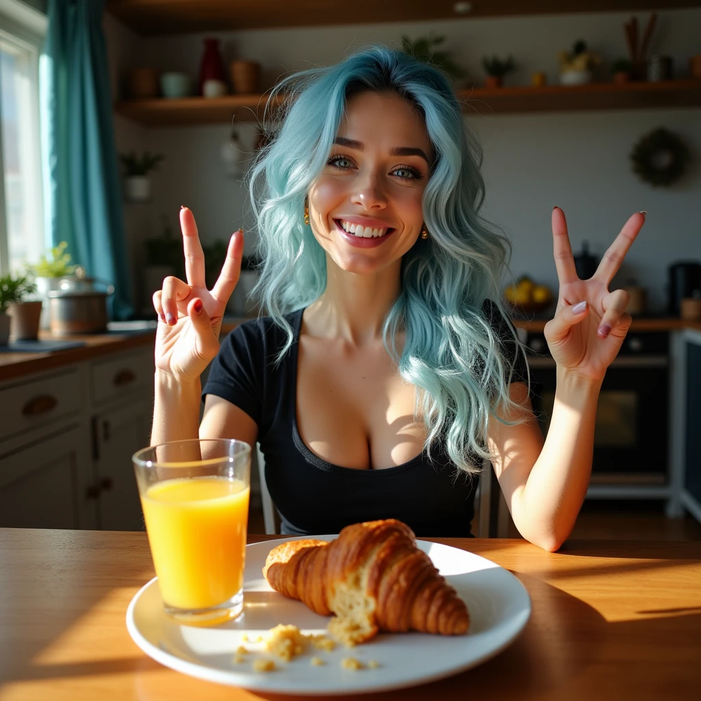 a beautiful biracial latina woman with long messy light blue hair and light blue eyes, voluptuous large breasts, wear pushup black t-shirt low necked with panty, sit at the table at her home, Croissant crumb on her mouth and on the table, do V sign with one hand, smile lightly, Résolution Haute, take a selfie pov, bitten croissant on the table, glass of orange juice on the table,Vues Multiples,