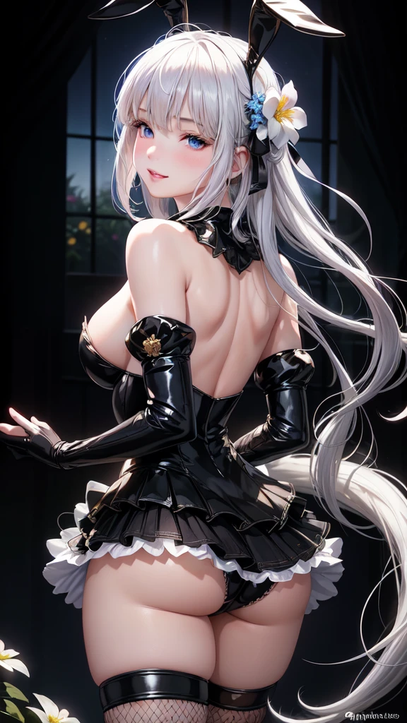 realistic, 1girl, white hair,Blue eyes, glowing eyes, parted lips, blush, night, flowers, sun, sunlight,smile、Bunny girl、Fishnet tights、Black gloves、Enamel costume、Large Breasts、Back view