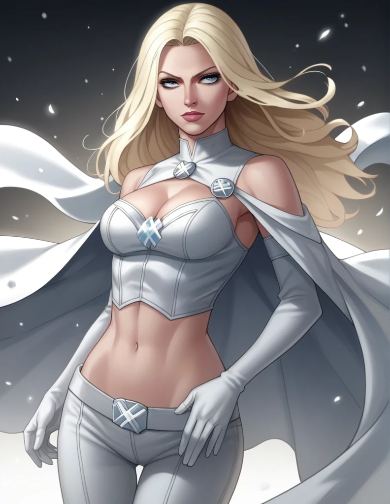 score_9, score_8_up, score_7_up, score_6_up, score_5_up, score_4_up, source_anime,((EF_WntXM_SDXL)), gorgeous emma frost female, beautiful eyes, seductive ,intense gaze,seductive expression,soft lighting,hentai, safe,medium breasts, Emma Frost, midriff, cape, bare shoulders, cleavage, thigh highs, gloves,pants,all white ,(X-MAN),Anime Style, High Details, HD, High Quality,(MARVEL),