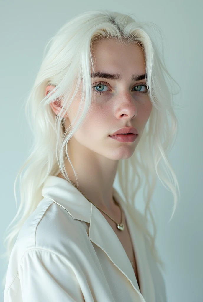 A young man
Gender: male
white long hair
left eye pupil color: emerald blue
White Skin
White eyelashes
White eyebrows
Has some ear piercings