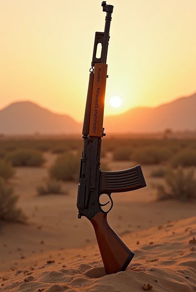 A Kalashnikov rifle, its butt stuck ten centimeters into the desert soil, with the words “Abdul Wasi’ Muhyi al-Din” written on it in very clear English.