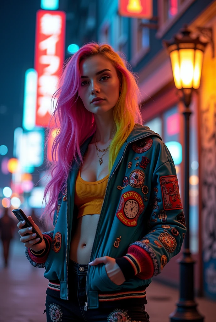 A young woman with vibrant, multi-colored hair, standing in an urban setting. She is holding a mobile device in her hand and is dressed in a colorful jacket with various symbols and designs. The background is filled with neon signs, graffiti, and a street lamp. The overall ambiance of the image is reminiscent of a cyberpunk or futuristic cityscape., painting, vibrant, conceptual art