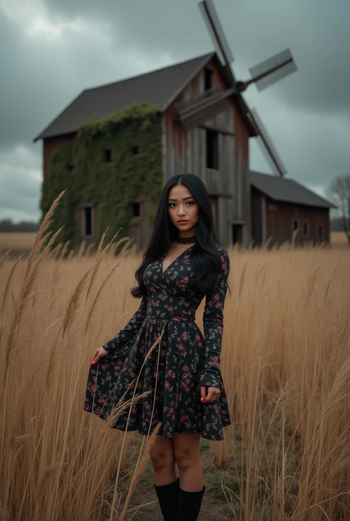 ((best quality)), ((masterpiece)), (detailed), Professional portrait, a curvy Asian woman with long black hair, wearing a black floral dress, wearing boots, walking in the middle of dry weeds, a large old unkempt mill is visible, there is a dark cloudy sky, giving a cloudy atmosphere in the afternoon