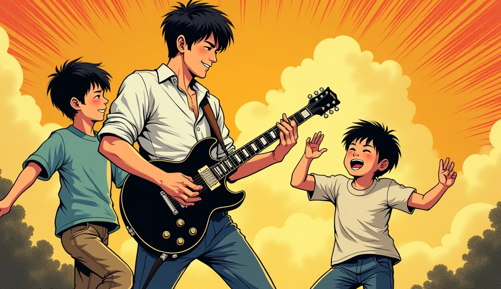 Rock Guitarist's Father、Two boys dancing、Ukiyo-e style、The guitar is a black Les Paul、American comic style、Very impressive、Everyone is in high spirits、My father has black hair、summer、Only two children、A close father and son、My father has short hair、Japanese