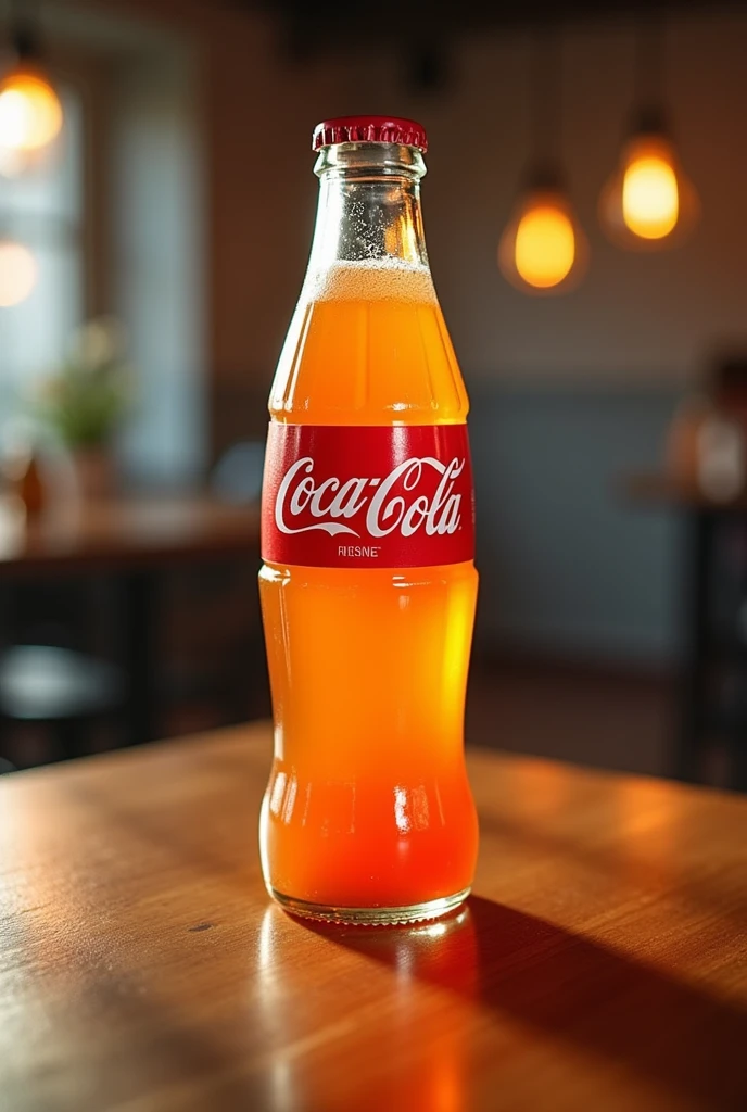 An ultrarealistic glass bottle of Coca-Cola KS, positioned on a table, with the Coca-Cola label and lid, but its content is orange fanta. The image must be viewed from a slanted, long-distance angle, as if a person were looking at the bottle and taking a photo with their cell phone.