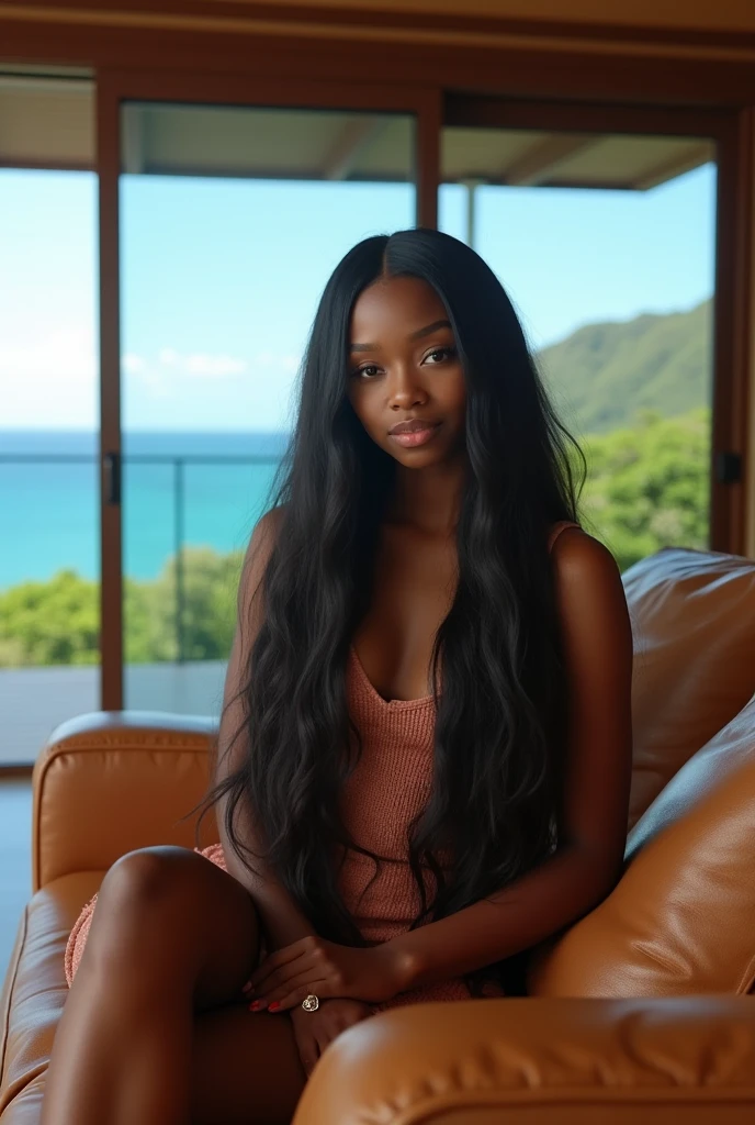 african girl, 19 ans, long black hair, sitting in a large luxury modern living room, tan furniture, dark lighting, day, panoramic view of Hawaii out of the window, wearing gucci