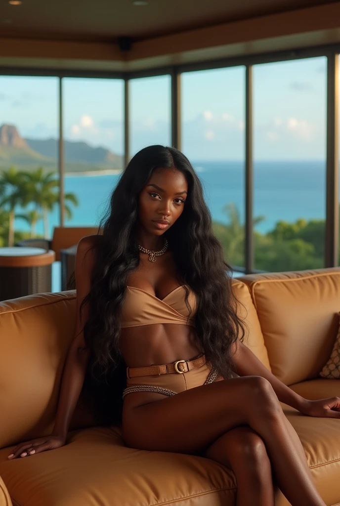 african girl, 19 ans, long black hair, sitting in a large luxury modern living room, tan furniture, dark lighting, day, panoramic view of Hawaii out of the window, wearing gucci
