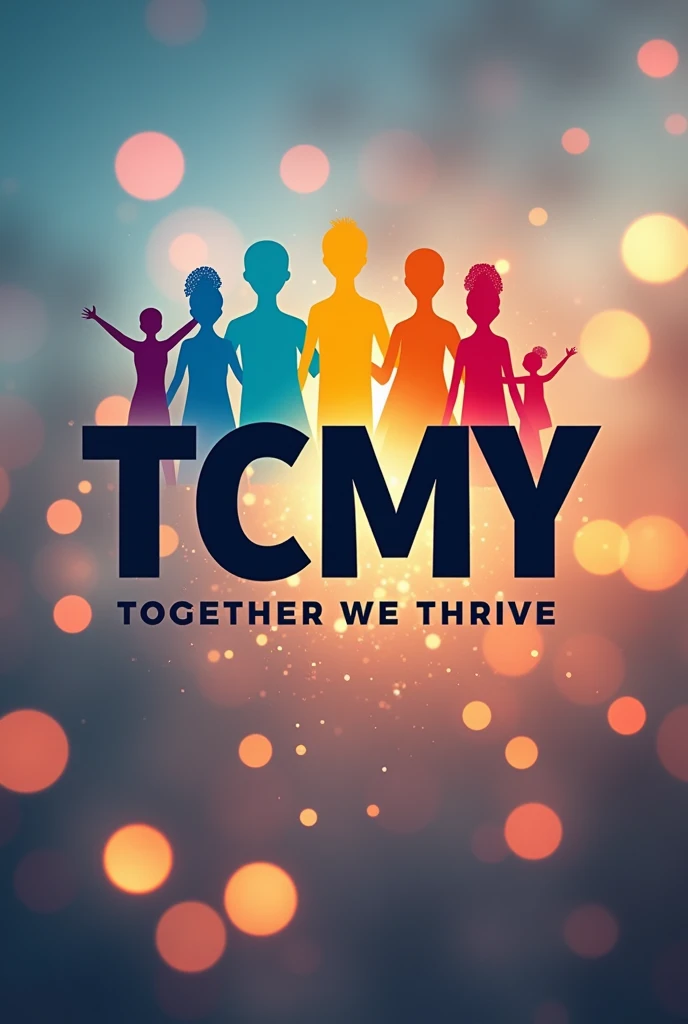 (True black,Active Red,neutral grey). 
 Must Include the above colors as Main Color Code. 
You may use White as well. 
Create a employee engagement team building logo 
Include (TCMY ) with tag line together we thrive 
With colorful humanoid 
Include nice blurred background