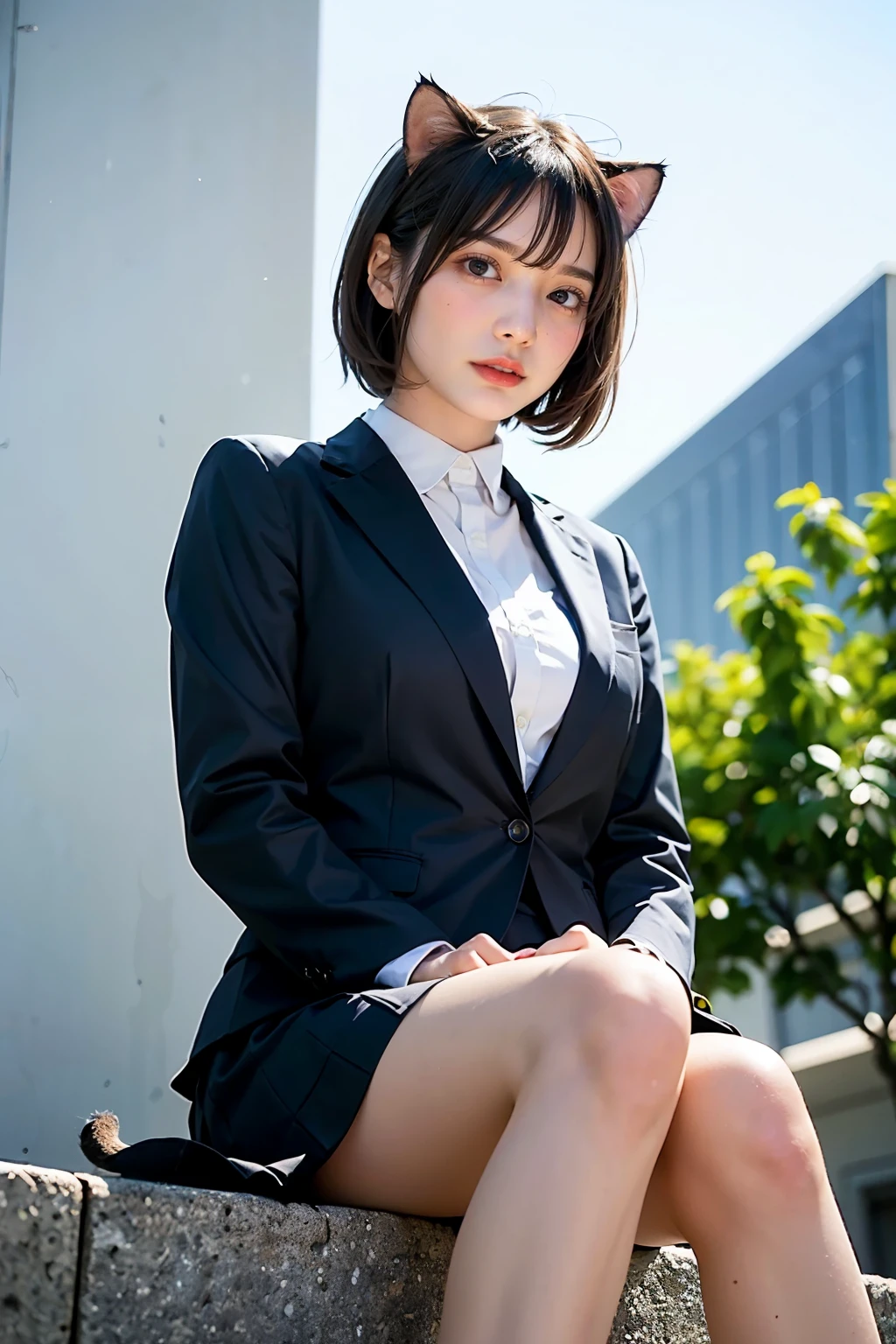 (8K, top-quality, ​masterpiece:1.2), (realisitic, Photorealsitic:1.37), ultra-detailliert, Girl with big breasts, full body Esbian, outside of house, (Adjusted hair:1.5) Officelady, Black Office Blazer, Office Skirt, (panthyhose: 1.2)、(Short button-down shirt:1.2)、Button Up Color Prim、Button Down Color Prim、bura、(panthyhose:1.2)、Alpha Layer、high-heels、earring beautiful、cute little、独奏、Beautiful detailed sky、(A smile:1.15)、(Mouth closed)、large full breasts、Eyes in Beautiful Details、Business attire、（short-hair：1.2）、Floating Hair NovaFrogStyle、