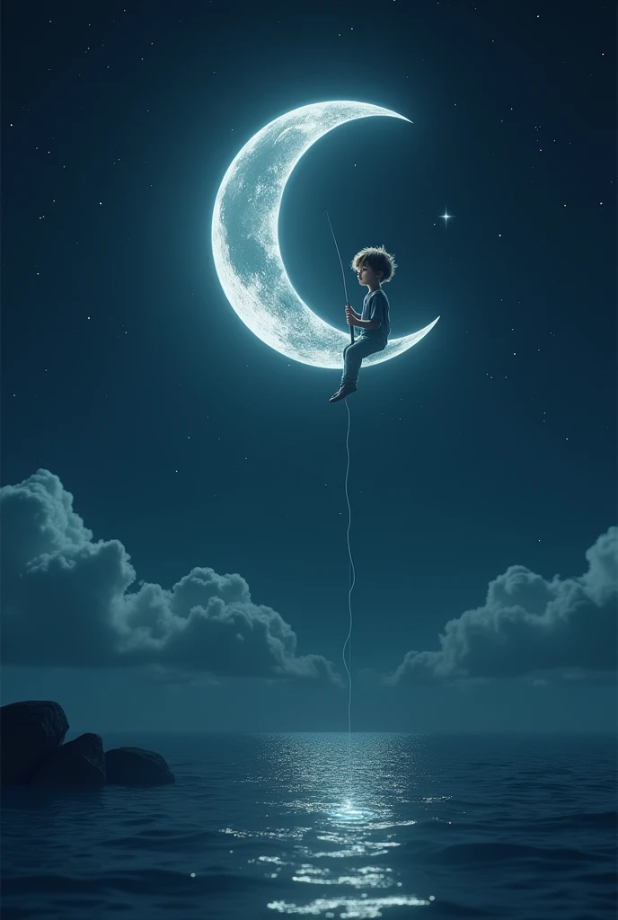 A hyper-realistic scene of a crescent moon hanging in the night sky. A boy sits at the tip of the moon, fishing into the night, holding fishing rod, extending down towards the Earth. The moon is glowing softly, with intricate details of its craters and texture visible. The sky is deep, filled with a multitude of bright, twinkling stars that add to the magical atmosphere. The boy is silhouetted against the moon, and the scene has a serene, dream-like quality.