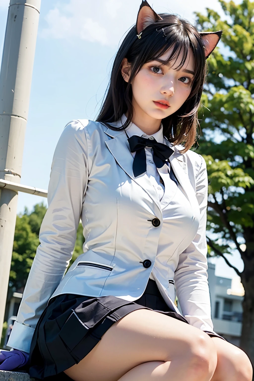 Masterpiece, bokeh, (Beautiful face), (Detailed face), (Japanese idle), ( buisiness suit:1.3), (mini skirt), (Blushed face:1.3), (Plump breast:1.2), (Sitting in crossroad:1.5), (Cat ears:1.3)
, (From below:1.5)
