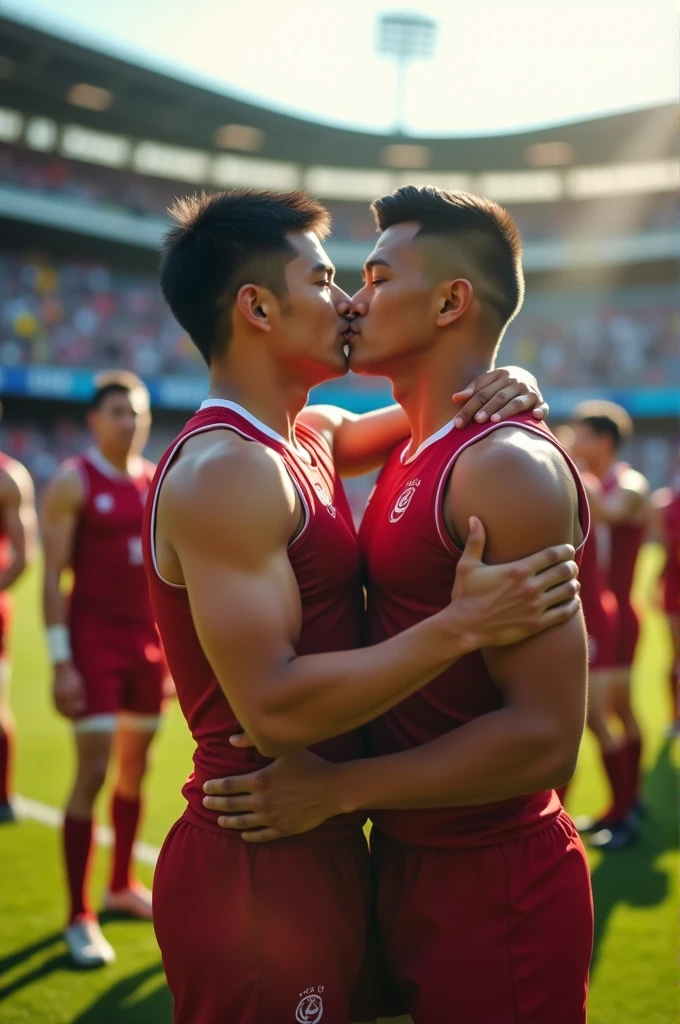 Asian young rugby player A and Asian rugby player B。A has a buzz cut and dark skin、Muscular。Wearing sleeveless rugby uniforms。B has short hair and is a muscular jock。A and B kissed after a rugby match.、Hug each other tightly