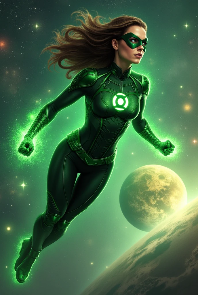 Green Lantern brunette woman flying towards a planet,beautiful,royal with his power ring shining,with mask