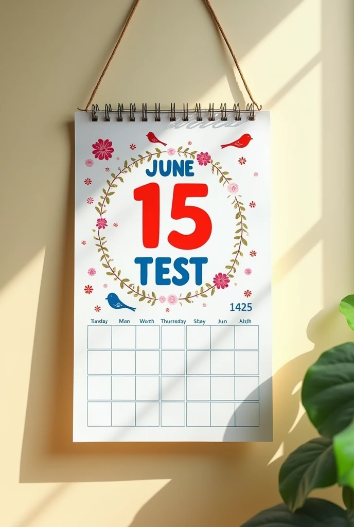 Create a calendar where the number 15 is circled and it says test on the smaller wall