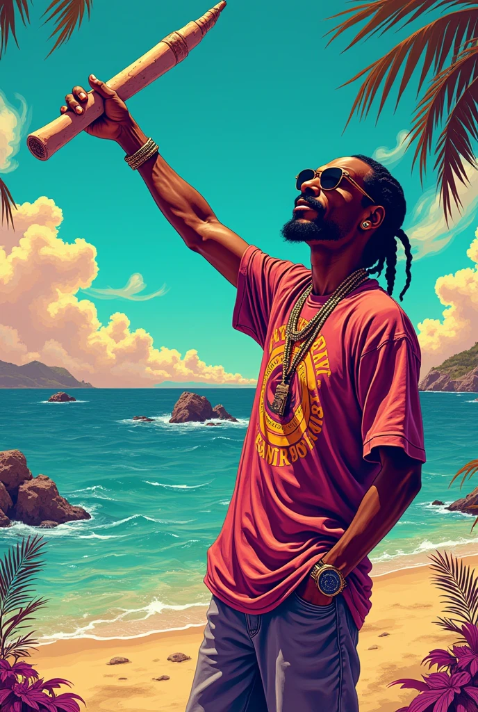 Snoop Dogg holding a 3ft joint in the air. 420 artwork for the grove cannabis shop. a shop by the beach, retro psychedelic weed illustration, liquid, psychedelic artwork, in illustration style digital, extremely high quality artwork, estilo de arte impressionante, arte do Adobe Illustrator, visionary art style, psychedelic acid trip, estilo de arte vetorial, Psychedelic style nano-infused Vibrant colors, swirling patterns, surreal, trippy 