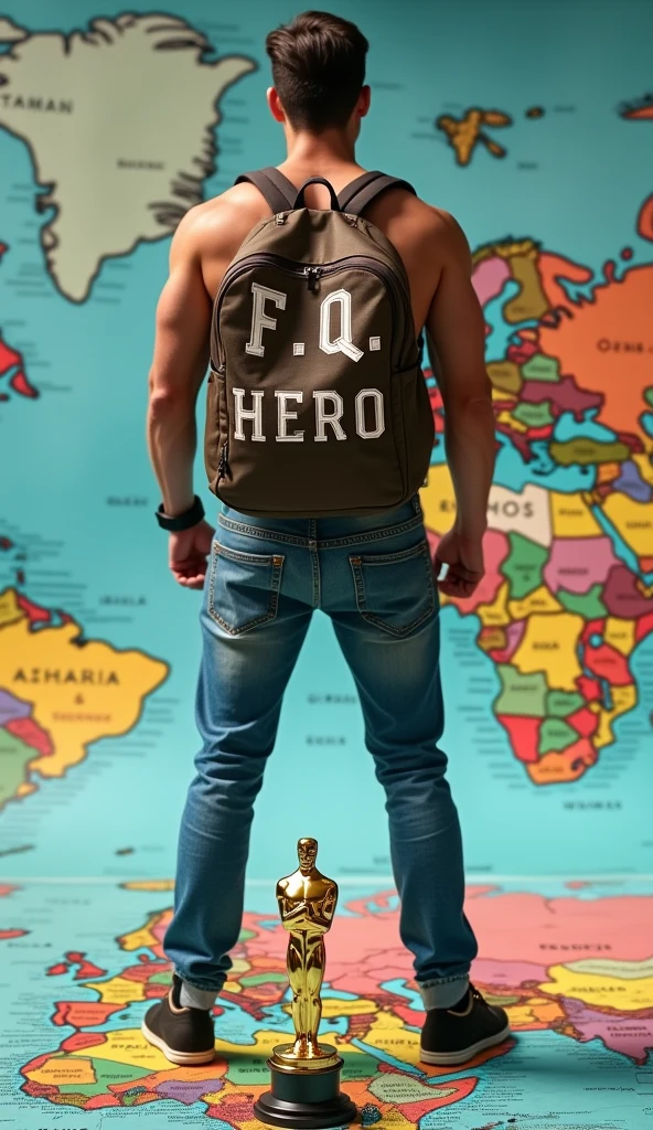 A ((good physique stylish, jeans wearing)) man standing on the world map. The back of the boy is visible. There is a ((stylish)) bag pack on his back. Fantasy word "F.Q HERO" is written on the bag. He is looking at an OSCAR in front of him. A 4K ultra HD phone wallpaper.