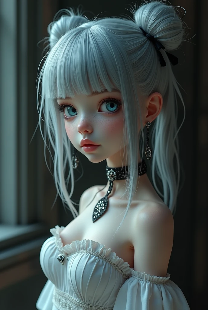 cute magical girl, (double bun, blunt bangs, silver straight long hair), amorous and lewd face, make-up, blue eyes, great proportion, white gothic bare top dress, choker, background dimly lit basement, (ultra detailed, absolutely resolution, best quality:1.3), 2.5D, delicate and dynamic, artistic photography, hyper realistic, graphic CG digital 3d render-style art