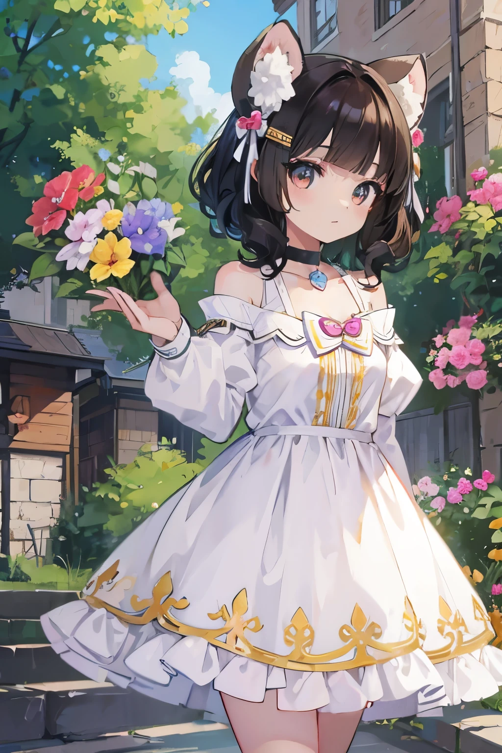 Top quality, highly detailed, UHD, idol,party dress cute and beautiful anthropomorphic koala girl with brown curly bob hair wearing a heart shaped choker on outdoor stage