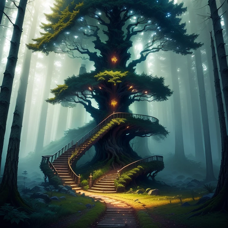 a tree in the middle of a forest with stairs leading up to it, magic tree, magic tree, large magic trees, Cinematic lighting of the forest, soul of the forest, Magic Forest, fantasy tree, Magic Forest backround, dnd in a dark forest, background illustrations, magical environment, ancient forest, 🌲🌌, fantasy magic forest, Concept art of a dark forest