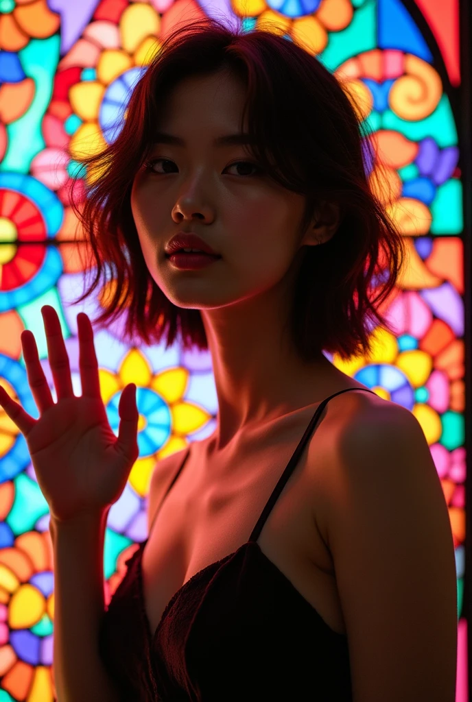 (masterpiece, Highest quality), 8k,(((Very detailed))), Race:1.8,Super intricate Race pattern, colorful Race pattern, Stained glass background transparent body, Mandala,light up,cold, 1 female,Open Back, 18 years old、Japanese, Photo of Lee Jae, tumbler, sultry body with セクシー belly, Sexy girl, Young sensual elegance, Sexy body, Sexy look, Very Short Hair、Photographed with the cityscape night view in the background、 Intelligent face、Narrow waist、Large Breasts、drool coming out of the mouth、Smile a little、EOS 50mm F2, Blur the background、Ass、Lighting the face、whole body、Raise your hand、
