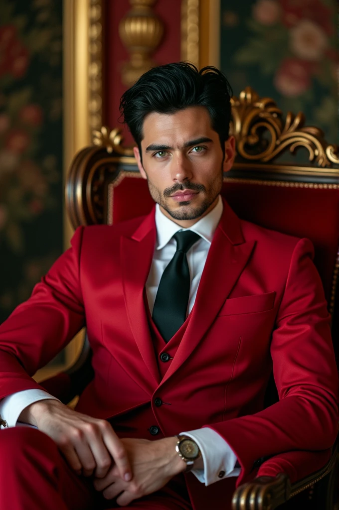 (Manhwa:3.2) Black Hair, Green Eyes, Handsome Face Red Suit, Black Tie, Royal Room Background, Sitting in a chair,