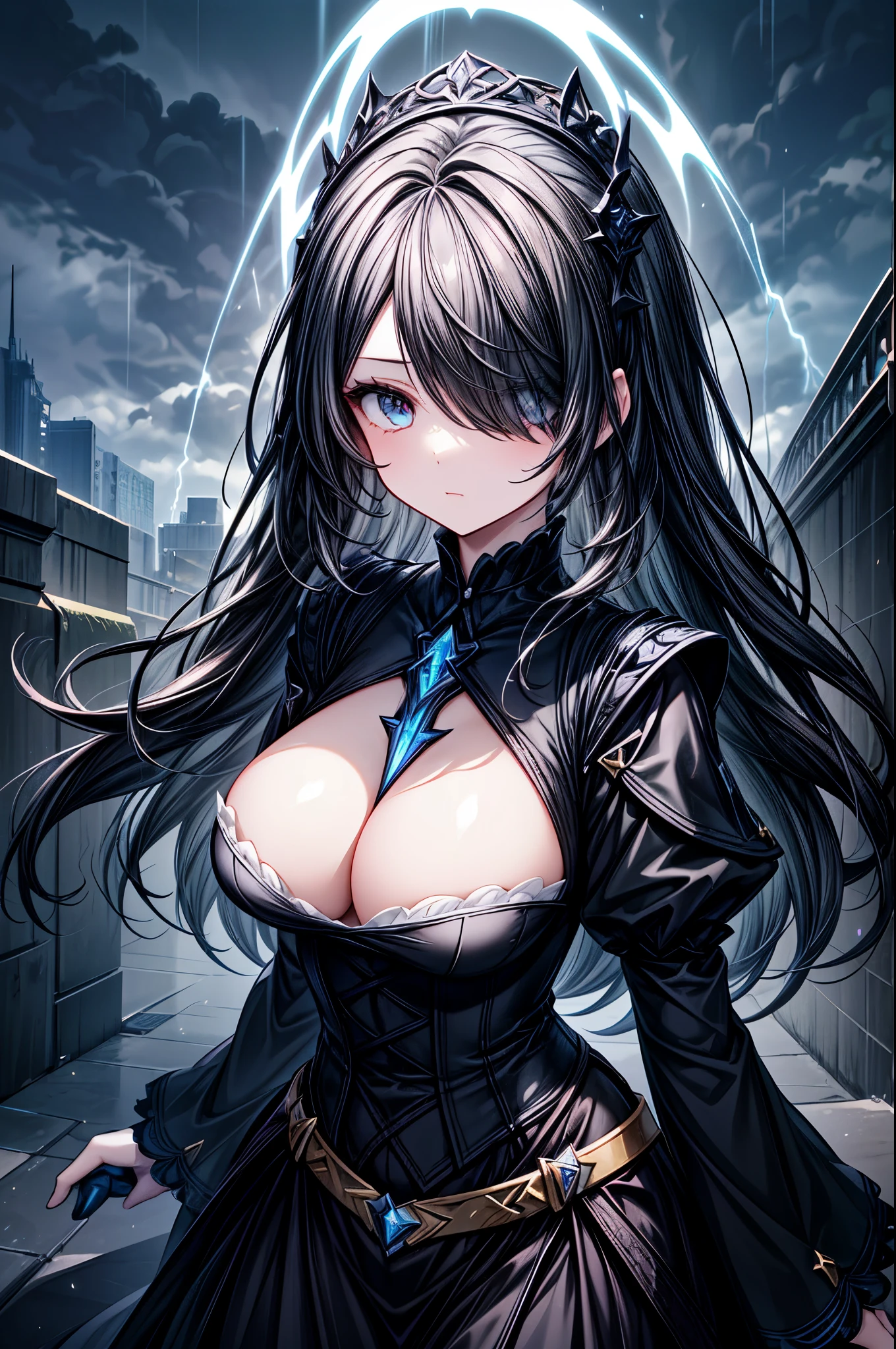 "A powerful yet cute young girl with long, jet-black hair partially covering one eye. Her visible eye is a bright, clear blue, with intricate details in the iris that sparkle with both intensity and a hint of innocence. She wears a black maid outfit with a modern, armored twist, featuring Gothic motifs and frilly details. She confidently holds an ornate sword, surrounded by a glowing, magical aura. Her skin glows softly, contrasting with the dark outfit, and her expression is a mix of strength and charm. Ethereal effects like glowing particles and lightning arcs surround her. The background is a stormy sky, with a soft glow highlighting her presence."