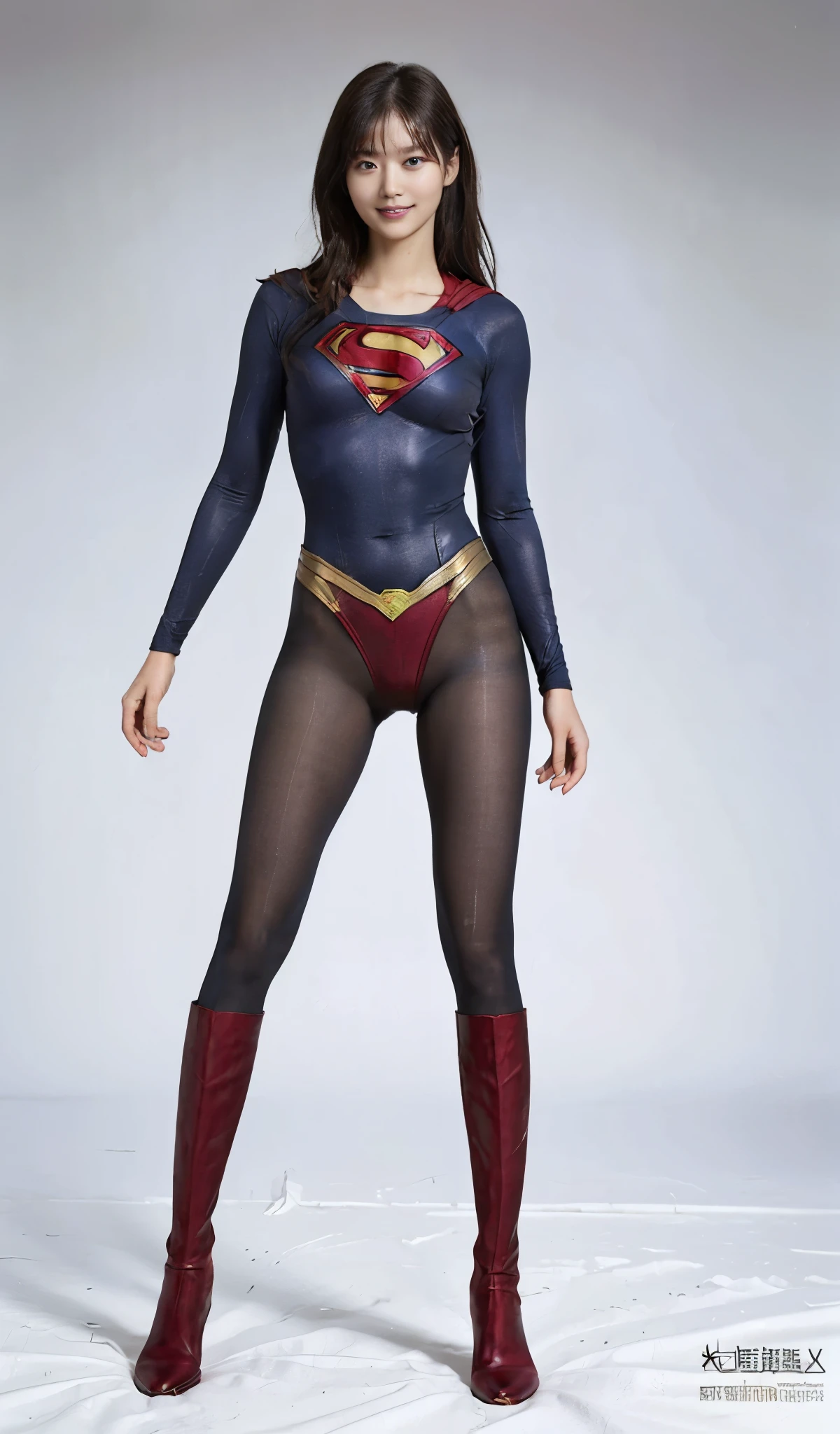 No background、(((Beautiful legs in black tights.)))、(((Legally express the beauty of your smile)))、((((Make the most of your original images)))、(((Supergirl Costume)))、(((Beautiful Hair)))、(((suffering)))、(((Please wear black tights....、Wear red boots)))、((Best image quality、8k))、((Highest quality、8k、masterpiece:1.3))、(((Preserve background )))、Sharp focus:1.2、Beautiful woman with perfect figure:1.4、Slim Abs:1.2、Wet body:1.5、Highly detailed face and skin texture、8k