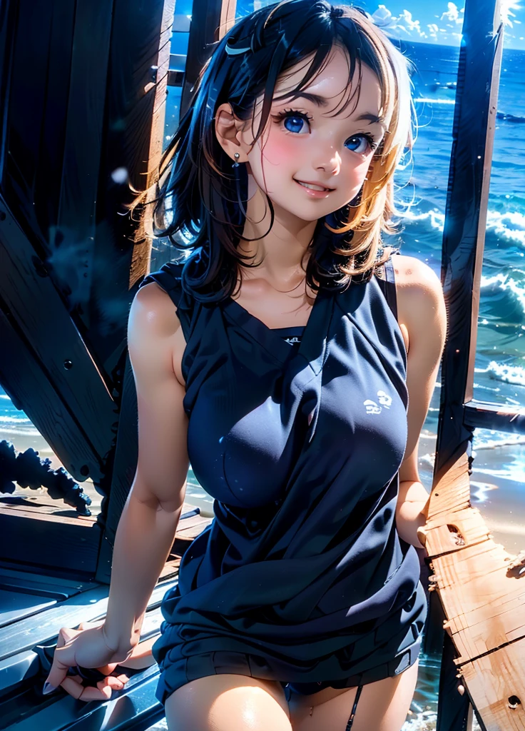 Melody Mark,absurderes, Ultra-detail,bright colour,(solo),(From Side:1.2),(Looking at Viewer:1.5) (short twin-tailed blonde hair:1.2),(Hair parted in the middle:1.2),Shiny hair,(White sleeveless knit:1.2),(Black long boots),skirt by the,Delicate beautiful face, red blush、(Deep Blue Eyes:1.4), White skin, hair clips, earrings, a necklace,wrist watch,(A wistful smile:1.3),Beautiful cloud,(Standing on the beach and looking to the side with a sad expression:1.3),look at the sea and the sunset,at the sunset,Waves crashing on the beach,Sunlight,Light falls on the face
