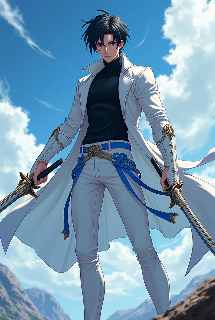 Artstyle: Anime

Looks: Young Man, Black Eyes, Black Anime Hair, Tall, Lean Body

Clothes: Black Turtleneck T-shirt, White leather pant (white-blue accent), White Longcoat (white-blue accent), Belt

Accessories: Two Swords (white-blue accent) held in his hands, white gauntlets (white-blue accent)

Pose: Fighting pose