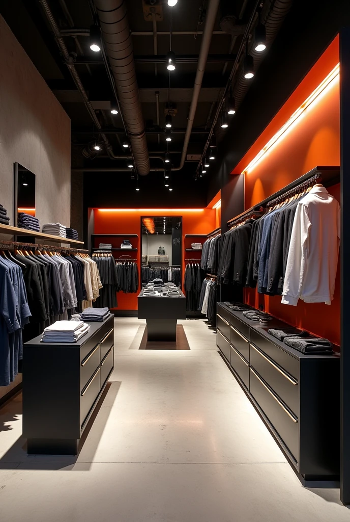 Modern men&#39;s clothing store with black, white, orange and grey colors 