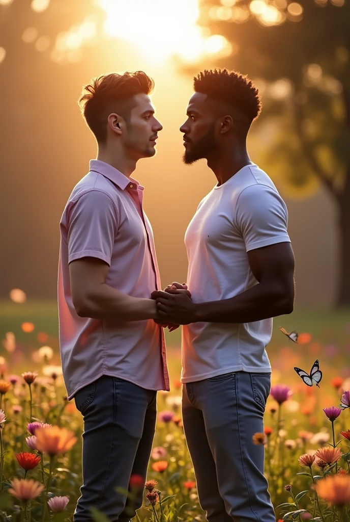 a GAY couple with one white and effeminate man and the other black and masculine