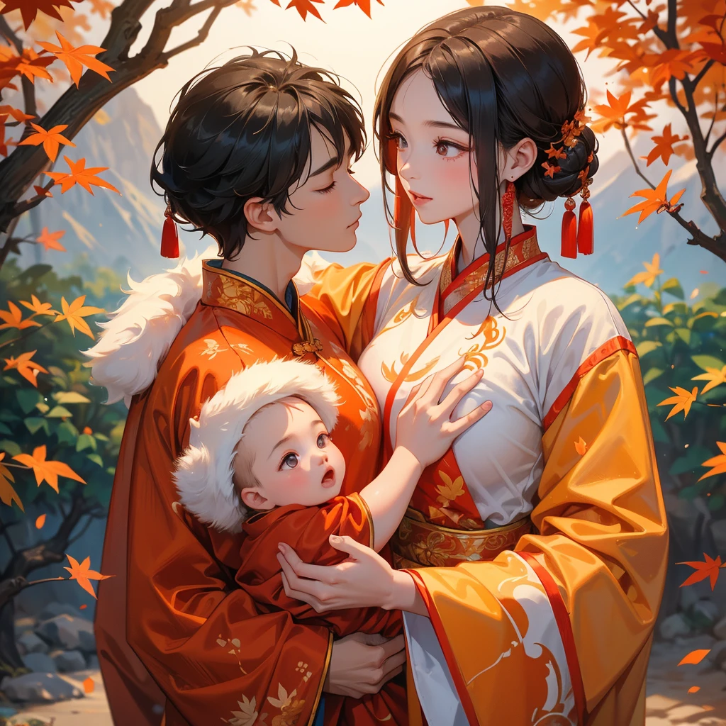 A -yead bab an ancient Chinese baby costume wiis beautiful mother, dressed in an ancient Chinese costume, The backdrop is a mountain that turns orange-red in spring, and maple leaves fall from the trees, playing with each other, with his handsome father standing next to his mother, close up.