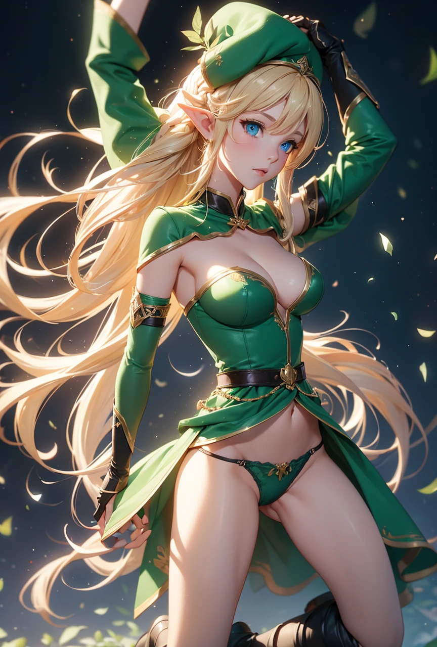 1girl, solo, long hair, breasts, blush, blue eyes, blonde hair, (large breasts), thighhighs, gloves, hat, navel, dark green underwear, braid, boots, pointy ears, green elbow gloves, arms up, kneeling, underboob, red beret, green thigh boots, elf, side braid, restrained, tentaclejob, voluptuous, thong, cave