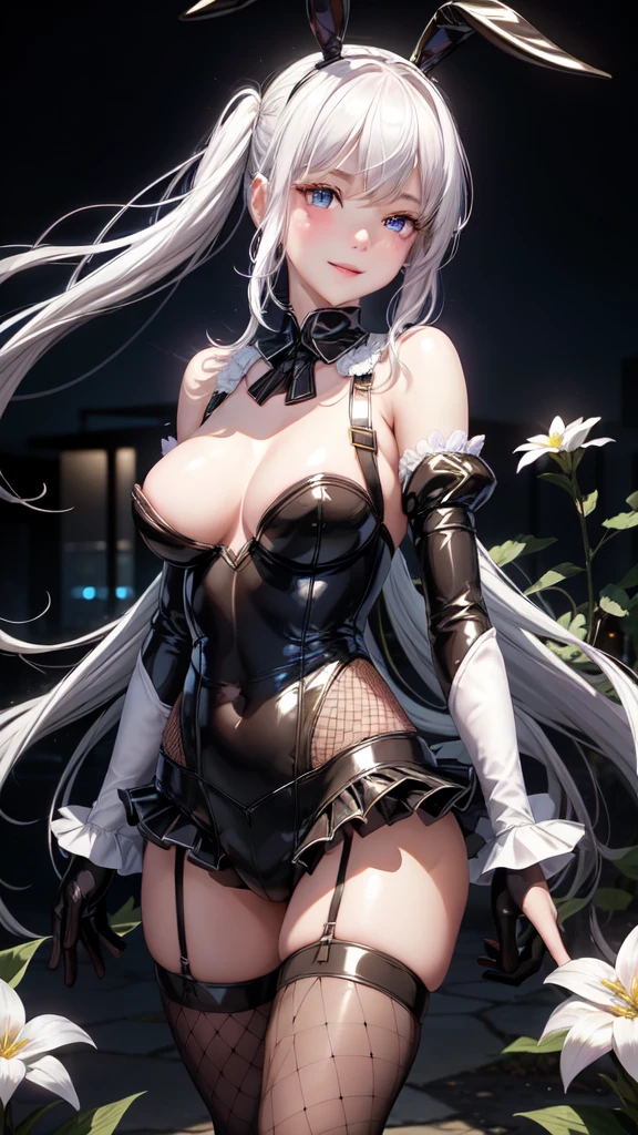 realistic, 1girl, white hair,Blue eyes, glowing eyes, parted lips, blush, night, flowers, sun, sunlight,smile、Bunny girl、Fishnet tights、Black gloves、Enamel costume、Large Breasts、Side Shot