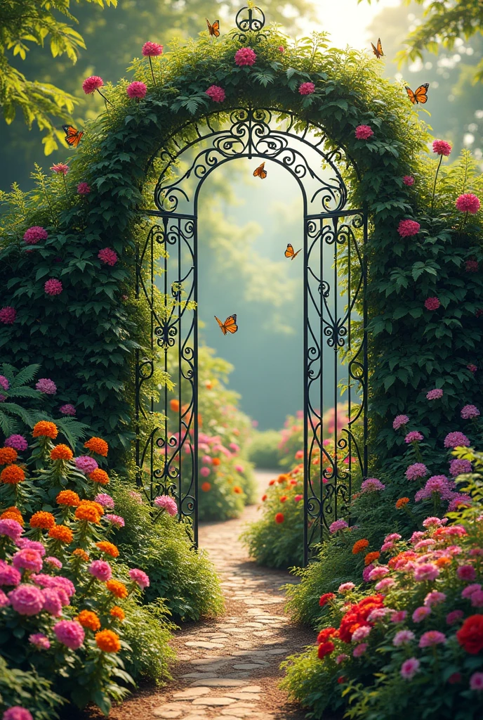 A place filled with flowers and greanery with a spot in the middle (a gate)