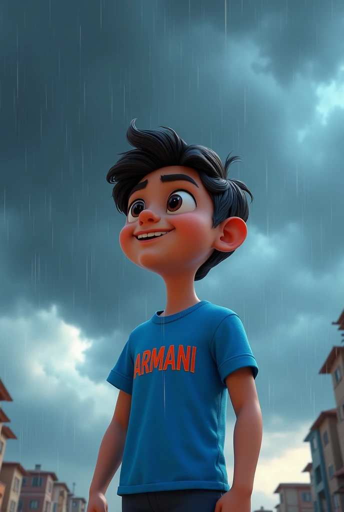 Boy name Armani_25 standing in extreme cloudy weather and the name should be on the shirt of the boy and image should be 3d cartoonish type and face should be opposite and age should be 18 years