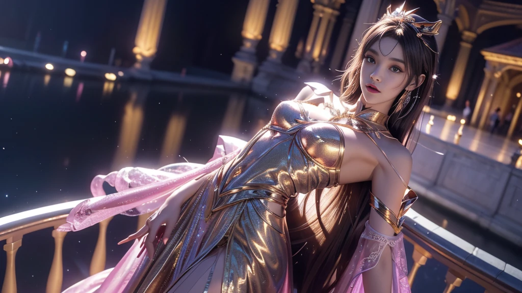 8K, Ultra HD, masterpiece, best quality, 1 girl, ((Realistic face)), Happy pace, Very long hair, Small Breasts, Perfect waist, Decorated Dress, very beautiful Decorations dress, golden, ((Lace)), Mesh dress, Flowing mesh cape, sardine, cycle, ((Decorations)), legendary night balcony, ((night:1.5)), Depth of Field, Movie Lighting, Chromatic Aberration, Motion Blur, Glowing lights, Divine Light, Ray Tracing, ((reflected light)), Backlight, bloom, Chromatic Aberration abuse, Various solid colors, Abdominal poses,