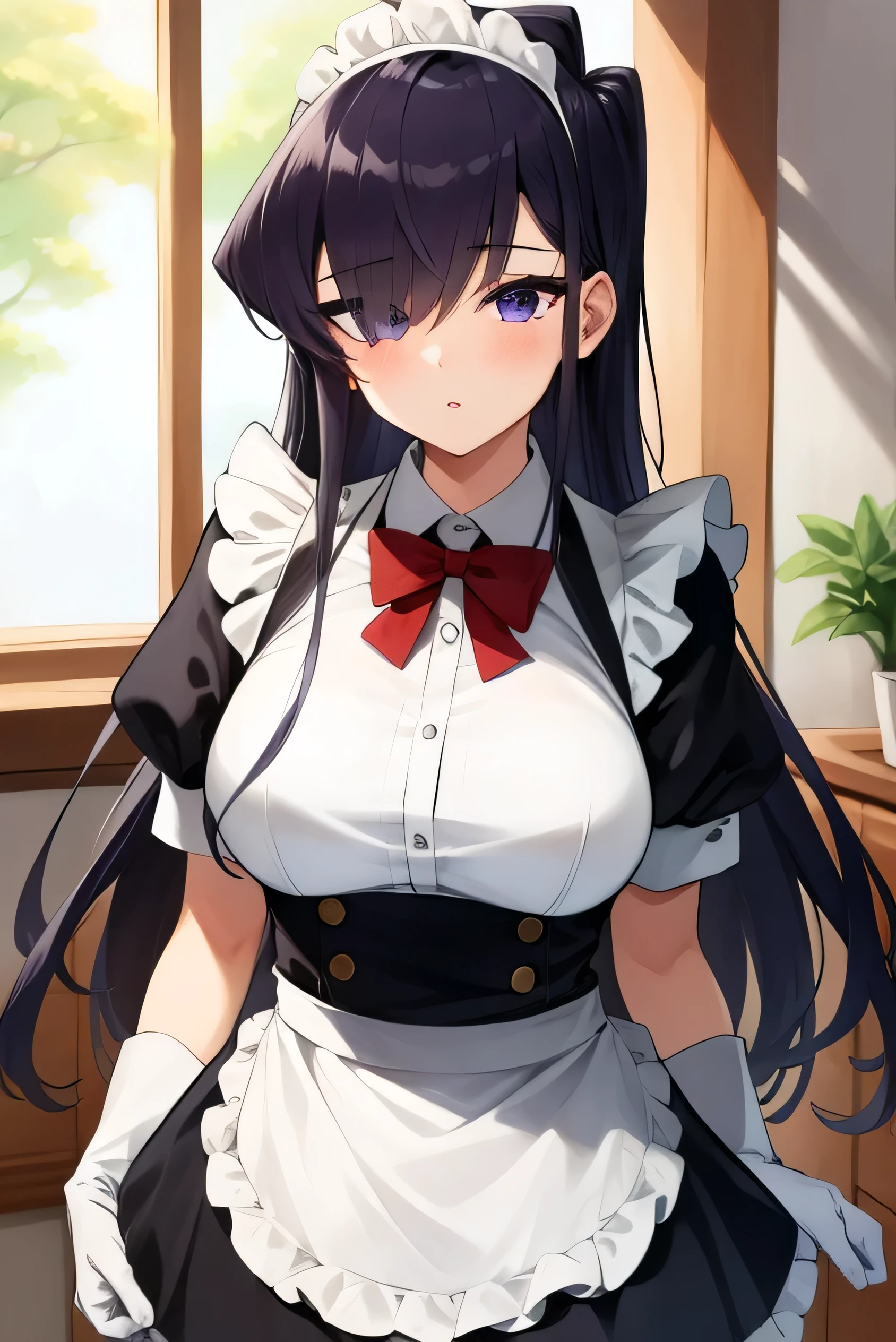 (highres), (absurdres), (best quality), (high quality), (masterpiece), 1girl, komi shouko, purple eyes, long hair, hair over one eye, very long hair, dark purple hair, (large breasts), hair ribbon, maid, maid headdress, apron, frills, frilled apron, puffy sleeves, short sleeves, white gloves, white thighhighs, arms behind back, looking at viewer,