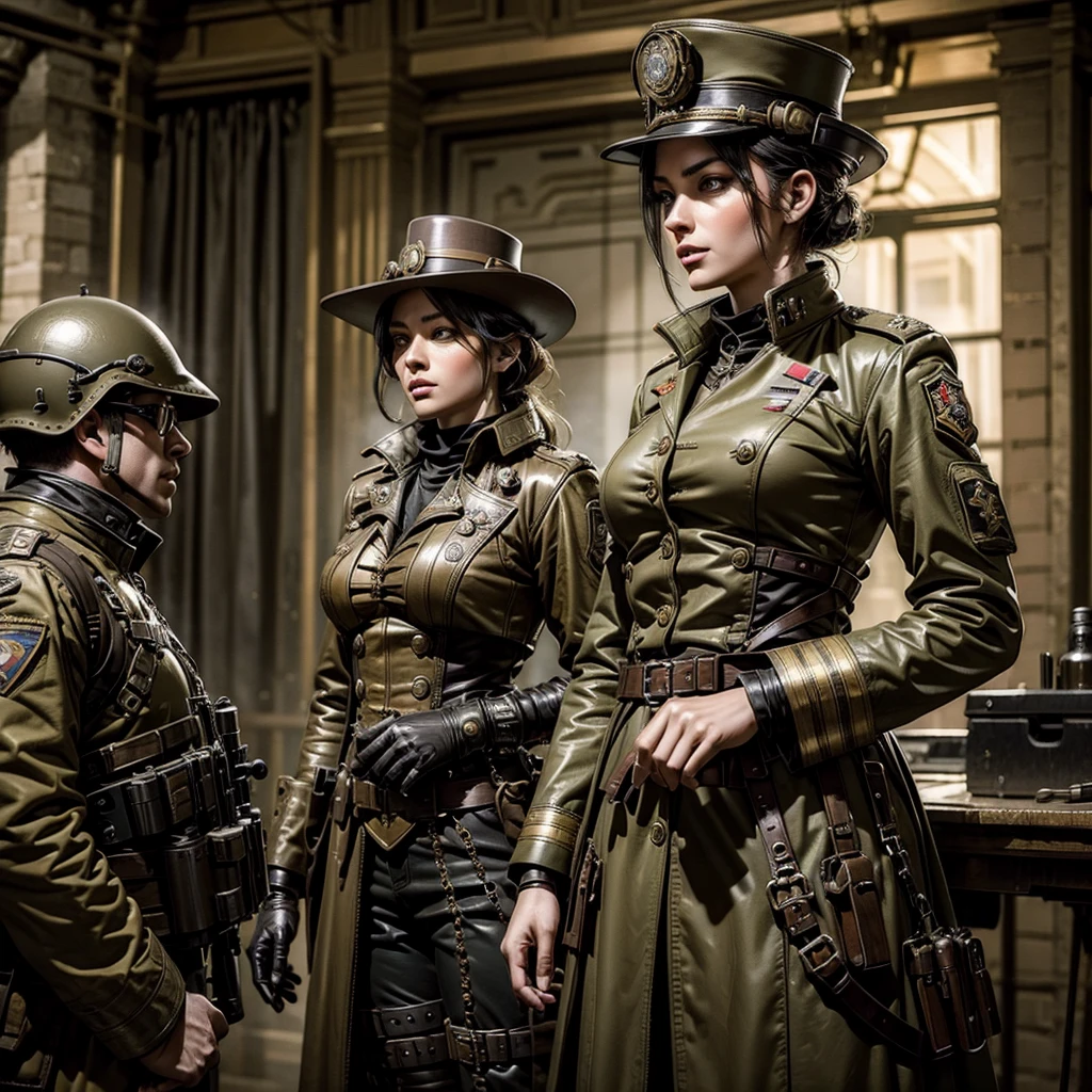 A woman in a steampunk military uniform on a battlefield giving orders to the troops,dynamic, photo-realistic