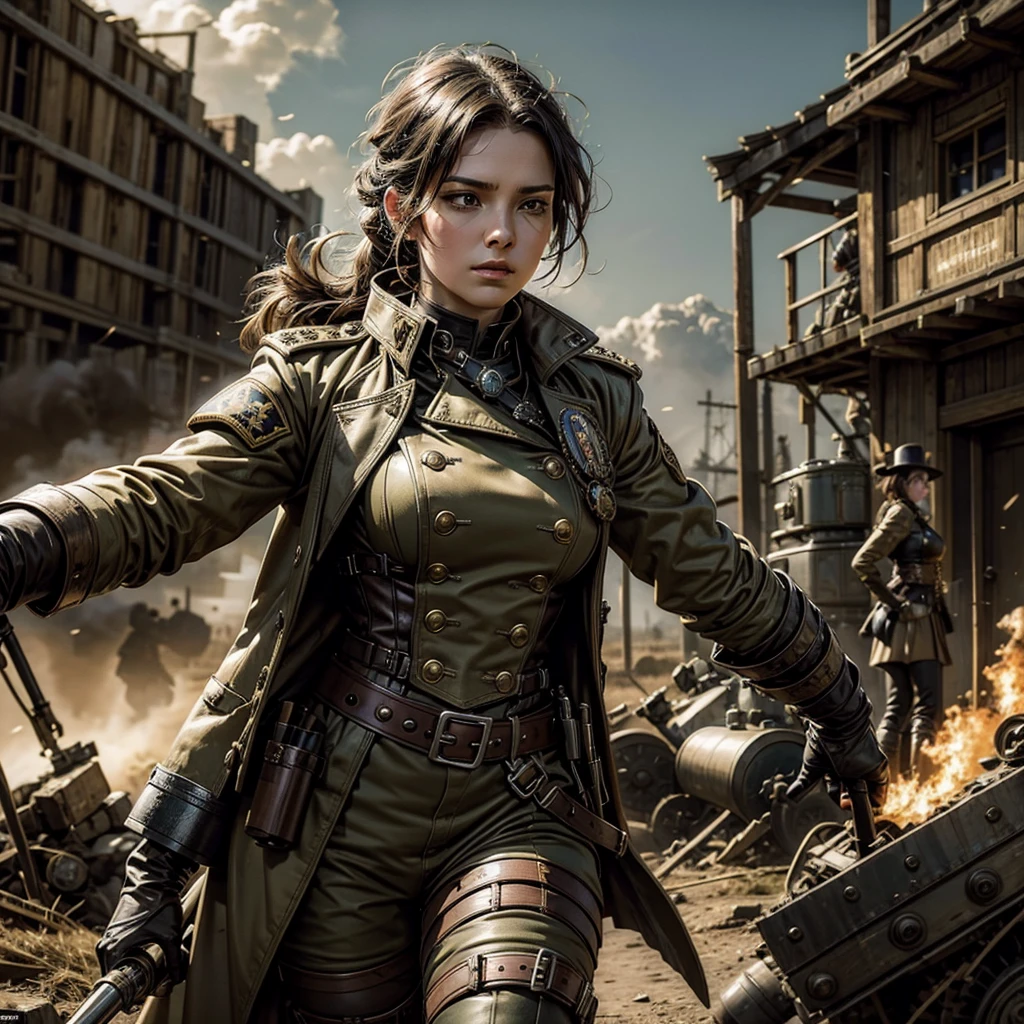 A woman in a steampunk military uniform on a battlefield giving orders to the troops,dynamic, photo-realistic