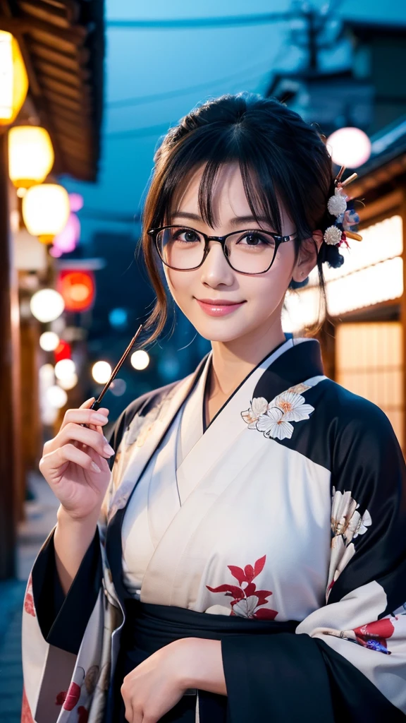 (Super beautiful woman in kimono)、((highest quality、8K masterpiece:1.3))、sharp focus:1.2、(super beautiful face:1.0)、(shiny skin:1.0)、realistic pictures、black hair、video lighting、High resolution eyes and face、video lighting、japanese actress、from the front、big breasts、with a happy smile、Slender abs beauty、whole body、wearing a kimono、in Kyoto、(((luxury obi)))、In Kyoto at night、wearing glasses with no edge、with a fan、Fireworks Display