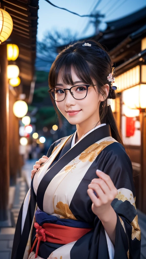 (Super beautiful woman in kimono)、((highest quality、8K masterpiece:1.3))、sharp focus:1.2、(super beautiful face:1.0)、(shiny skin:1.0)、realistic pictures、black hair、video lighting、High resolution eyes and face、video lighting、japanese actress、from the front、big breasts、with a happy smile、Slender abs beauty、whole body、wearing a kimono、in Kyoto、(((luxury obi)))、In Kyoto at night、wearing glasses with no edge、with a fan、Fireworks Display