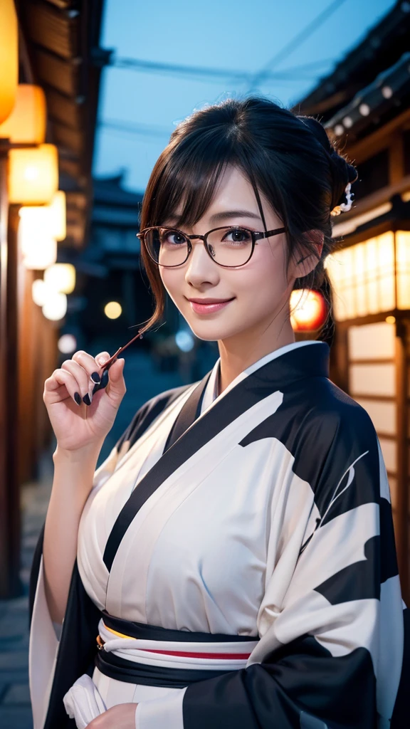 (Super beautiful woman in kimono)、((highest quality、8K masterpiece:1.3))、sharp focus:1.2、(super beautiful face:1.0)、(shiny skin:1.0)、realistic pictures、black hair、video lighting、High resolution eyes and face、video lighting、japanese actress、from the front、big breasts、with a happy smile、Slender abs beauty、whole body、wearing a kimono、in Kyoto、(((luxury obi)))、In Kyoto at night、wearing glasses with no edge、with a fan、Fireworks Display