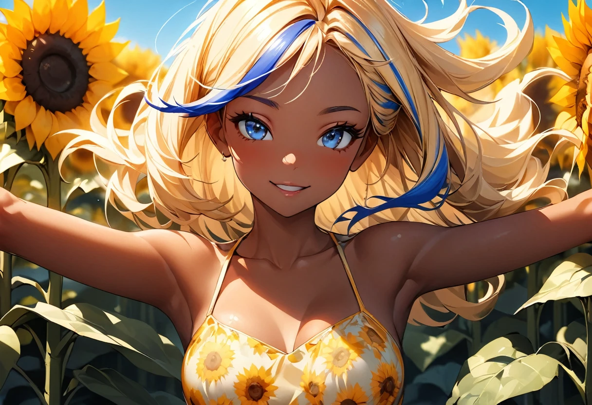 (highest quality:1.2, Very detailed, up to date, Vibrant, Ultra-high resolution, High Contrast, masterpiece:1.2, highest quality, Best aesthetics), Portraiture、girl、slim, Bright colors、Beautiful fine details、Beautiful lip detail、long hair, ((wavy hair:0.4))、messy hair, blonde and blue ((streaked hair:1.3)), highlights hair: 1.3, (medium breast:1), (tan skin:1.3), yellow mini-dress, sunflower pattern, in sunflower plantation, blue sky:1, sunshine, summer day, happy:2, Frolicking, dynamic pose, upper body
